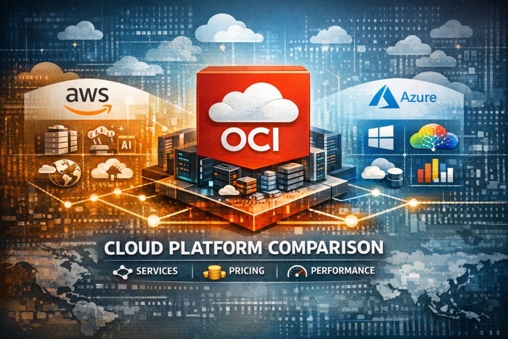 Digital illustration comparing major cloud platforms, with a large red OCI cloud cube centered on a server platform. AWS appears on the left in warm orange tones, Azure on the right in cool blue tones, with cloud icons, servers, analytics graphics, and network lines surrounding them. The background shows a futuristic world map and digital cityscape. At the bottom, the title “Cloud Platform Comparison” appears above the categories “Services,” “Pricing,” and “Performance.”