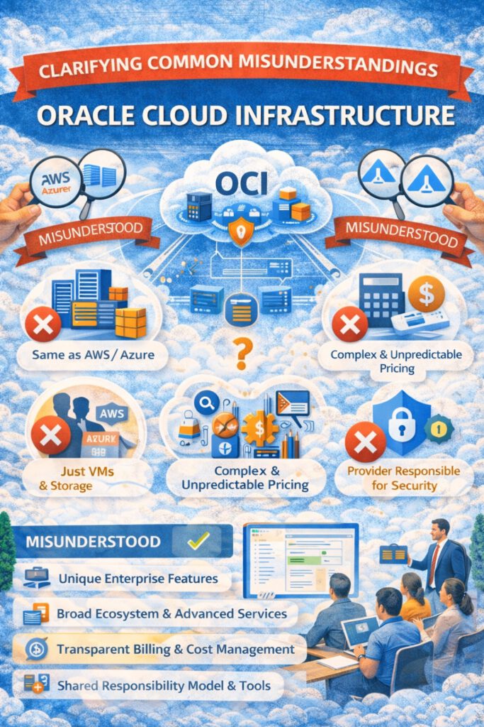 Educational infographic about common misunderstandings of Oracle Cloud Infrastructure, featuring a central OCI cloud surrounded by icons for networking, security, pricing, and services. Several callout panels marked as misunderstood illustrate myths such as OCI being the same as AWS or Azure, offering only virtual machines and storage, having unpredictable pricing, or making the provider solely responsible for security. A lower section presents corrected ideas, including unique enterprise features, a broad ecosystem of advanced services, transparent billing and cost management, and a shared responsibility security model.