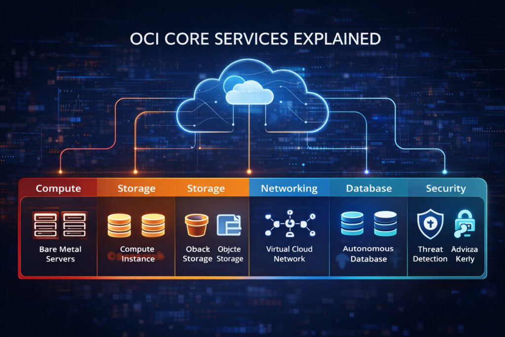 Infographic-style illustration of Oracle Cloud Infrastructure core services on a dark blue digital background. A large cloud icon at the top center connects to six labeled panels below representing major service areas: Compute, Storage, Networking, Database, and Security, with storage shown in two adjacent sections. Each panel includes simple technology icons such as server racks, storage disks, a file bucket, network nodes, database cylinders, a shield, and a padlock. The image visually emphasizes how OCI’s core services connect into one integrated cloud platform for enterprise computing, storage, networking, database management, and security.