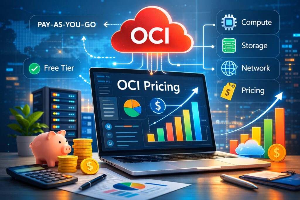 Modern digital illustration about OCI pricing, showing a large red OCI cloud icon connected to a laptop screen labeled “OCI Pricing.” The screen displays charts, a pie graph, a dollar symbol, and a rising bar chart. Around it are labeled boxes for “Pay-as-you-go,” “Free Tier,” “Compute,” “Storage,” “Network,” and “Pricing.” A piggy bank, calculator, coins, papers, and a server rack reinforce the cloud cost and budgeting theme, set against a blue high-tech background.