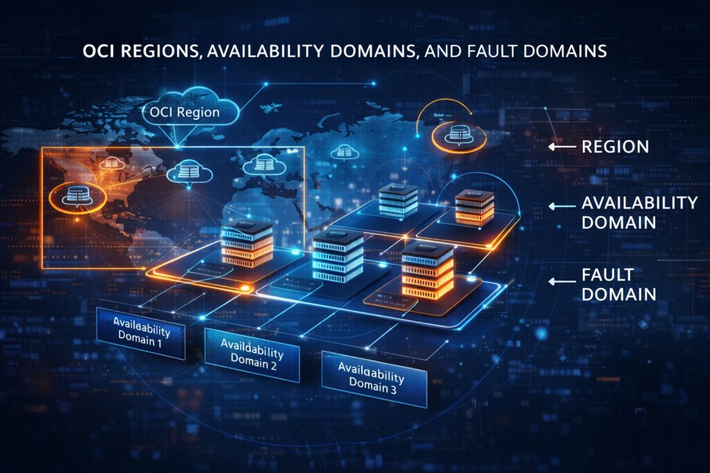 Infographic-style illustration of Oracle Cloud Infrastructure showing the relationship between regions, availability domains, and fault domains on a dark blue technology background. A world map in the upper half highlights OCI regions as connected cloud locations across different geographic areas. In the lower half, three labeled availability domains are displayed as separate platform blocks, each containing stylized data center buildings. Visual callouts on the right label “Region,” “Availability Domain,” and “Fault Domain,” emphasizing the hierarchy of OCI infrastructure. Blue and orange glowing connection lines suggest redundancy, resilience, and high availability across the cloud environment.