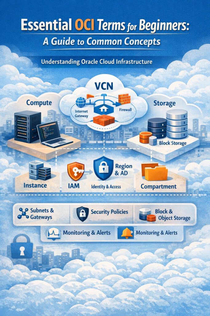 Infographic-style illustration for an introductory Oracle Cloud Infrastructure article, showing a blue cloud-themed background with the headline “Essential OCI Terms for Beginners: A Guide to Common Concepts.” In the center, a cloud labeled “VCN” connects visual icons for compute, networking, firewall, internet gateway, and storage. Additional labeled elements include Instance, IAM, Region & AD, and Compartment, along with lower panels for subnets and gateways, security policies, block and object storage, and monitoring and alerts. The overall design presents OCI concepts as a simplified cloud architecture for beginners.