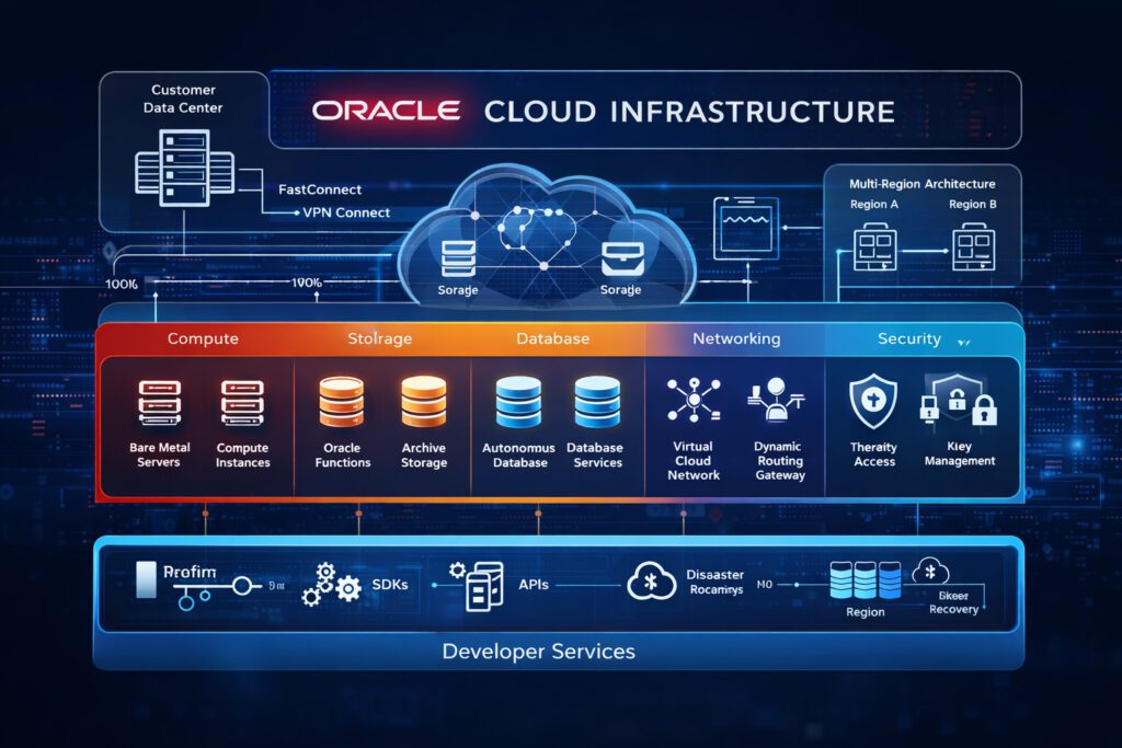 Infographic-style diagram of Oracle Cloud Infrastructure architecture on a dark blue digital background. At the center is a large cloud labeled “Oracle Cloud Infrastructure,” connected to multiple service layers. The main horizontal sections show Compute, Storage, Database, Networking, and Security, each illustrated with icons such as servers, storage disks, database cylinders, network nodes, and shield/lock symbols. Additional elements depict customer data center connectivity, FastConnect and VPN links, multi-region architecture, APIs, SDKs, developer services, and disaster recovery. The overall design conveys a modern, enterprise cloud platform with interconnected infrastructure components.