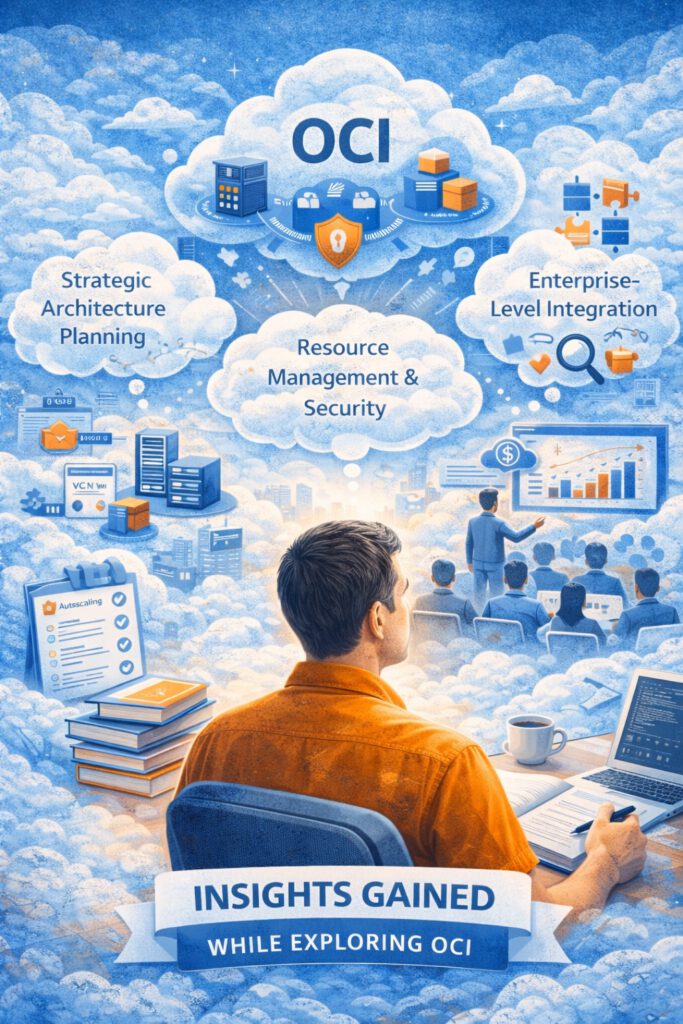 Reflective cloud-themed illustration showing a person seated at a desk, looking toward a large OCI cloud surrounded by visual symbols of learning and enterprise cloud design. Floating labels highlight key ideas such as strategic architecture planning, resource management and security, and enterprise-level integration. Additional elements include servers, charts, books, a laptop, and presentation scenes, emphasizing personal learning, technical discovery, and insights gained while exploring Oracle Cloud Infrastructure.