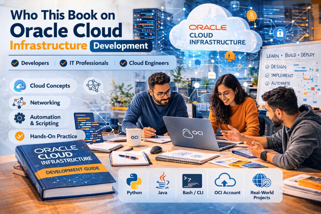 Promotional illustration for a book about Oracle Cloud Infrastructure development, showing a large blue book labeled “Oracle Cloud Infrastructure Development” on a desk in a modern tech workspace. Around it are visual cues for the intended audience and prerequisites, including developers, IT professionals, cloud engineers, beginners, coding screens, cloud and server icons, and a team collaborating with laptops. A sidebar-style layout highlights topics such as cloud and networking basics, virtualization and storage, command line skills, scripting, and hands-on OCI practice.