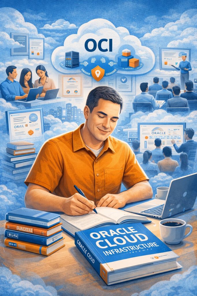 A cloud-themed digital illustration centered on a large blue book titled “Oracle Cloud Infrastructure (OCI): A Guide for Beginners & Professionals.” Around it are icons and scenes representing learning and cloud technology, including a laptop with code, a server, a graduation cap, a certificate, a teacher presenting to an audience, and a hand writing in an open book. The composition suggests education, professional growth, and the motivation to share knowledge about Oracle Cloud Infrastructure.
